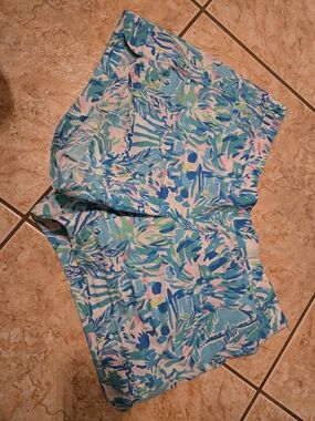 Lilly Pulitzer Pink- blue Tropical Print Shorts With Pockets MEDIUM M